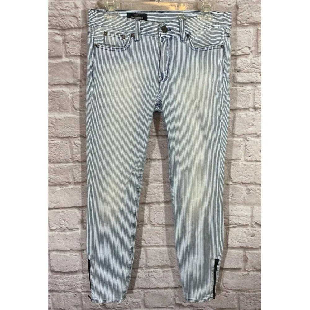 J Crew Womens Jeans 28 Ankle Toothpick Striped Blue Preppy Railroad Wash Zipper